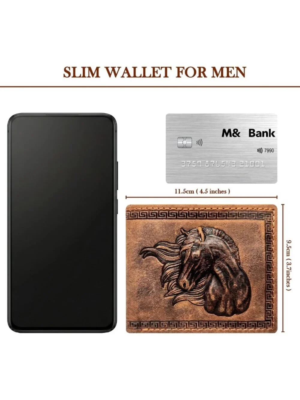 Men's Bifold Leather Wallet - 3D Horse Face Design, RFID Protection, 9 Card